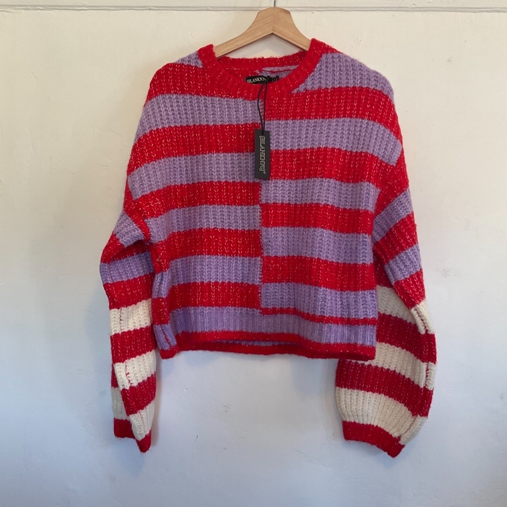 BlankNYC Sweater Womens Size Sm Stripe Good Mood Cropped Wool Blend Pullover NWT